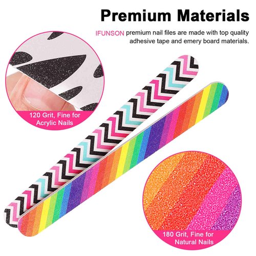 IFUNSON Professional Nail File, Colorful Emery Boards, Manicure Pedicure Tool and Nail Buffering Files, 12 Pack