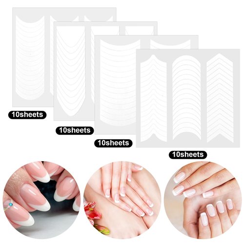 Nail Strips Nail Stickers, 1570 Pcs 40 Sheets French Manicure Nail Stickers Strips White Self Adhesive Nail Sticker Tips 4 Designs Nail Forms Nail Guides Strips Decals for Decoration DIY Tools