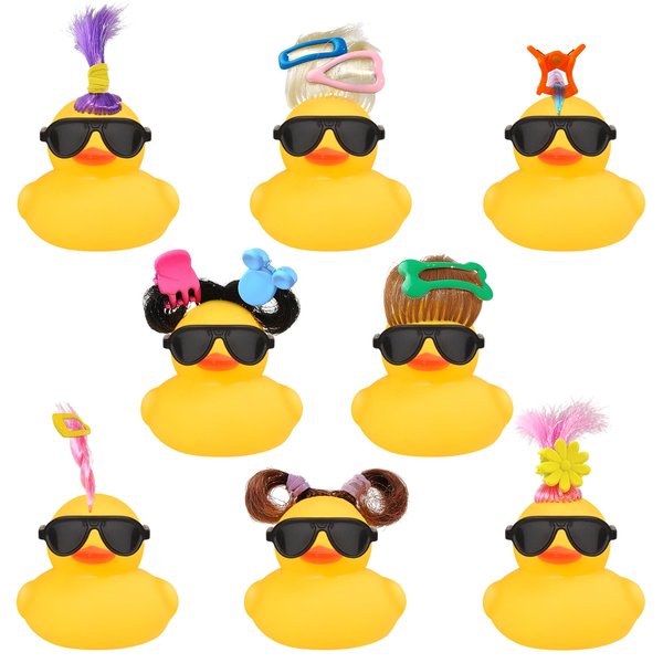 Rubber Ducks Bath Toys, 12 PCS Yellow Mini Wig Rubber Duckies with Black Sunglasses and Colorful Hair Accessories, Cute and Funny Bathtub Toys Shower Toys for Kids Girls
