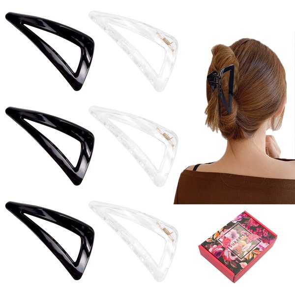 Fine Hair Clips for Women and Girls - Medium Size, Strong Hold Matte Triangle Jaw Clips, Nonslip French Hair Clamps with Gift Box (Black & Clear)