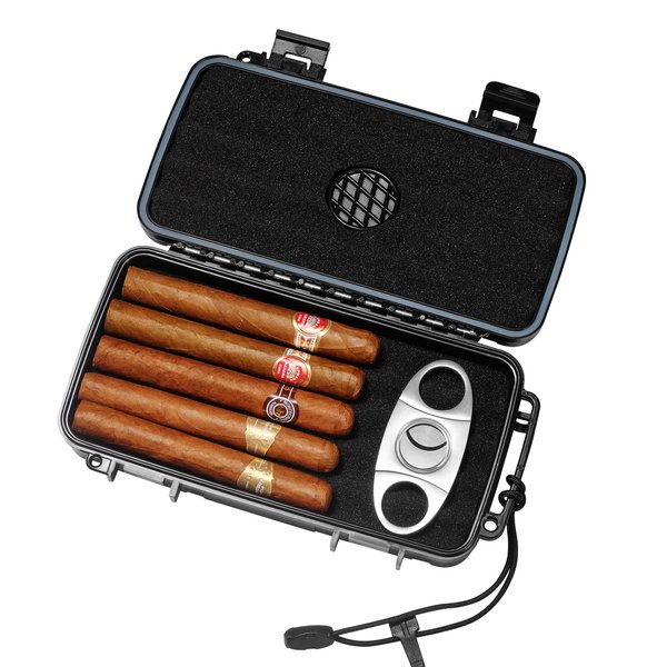 PrimeZone Humidor Travel Cigar Case - Portable Cigar Box with Humidifier & Cigar Cutter, Humidor for 4-5 Cigars, Gift for Cigar Aficionado, Waterproof Crushproof, Airtight