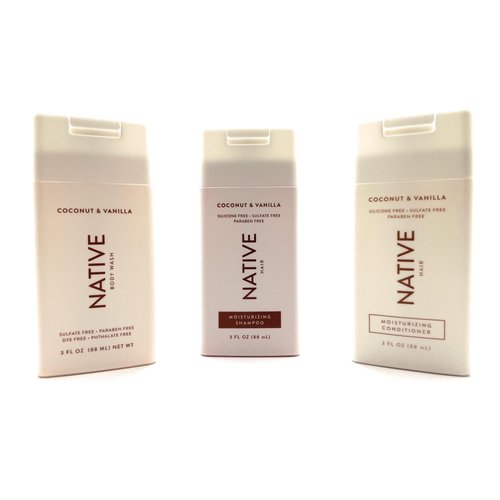 Coconut & Vanilla Travel Size Native Collection Set Includes (1) Each : Moisturizing Shampoo (3 oz), Moisturizing Conditioner (3 oz) and Body Wash (3 oz)