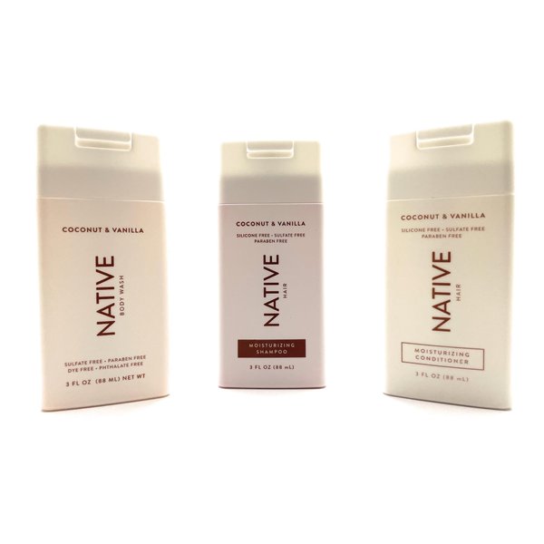 Coconut & Vanilla Travel Size Native Collection Set Includes (1) Each : Moisturizing Shampoo (3 oz), Moisturizing Conditioner (3 oz) and Body Wash (3 oz)