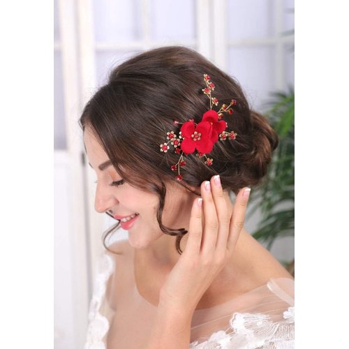 Sither Red Hair Clip for Bridal Floral Hair Comb for Women Wedding Hair Accessories for Bride Hair Clip Headpiece for Wedding Party Prom Gift