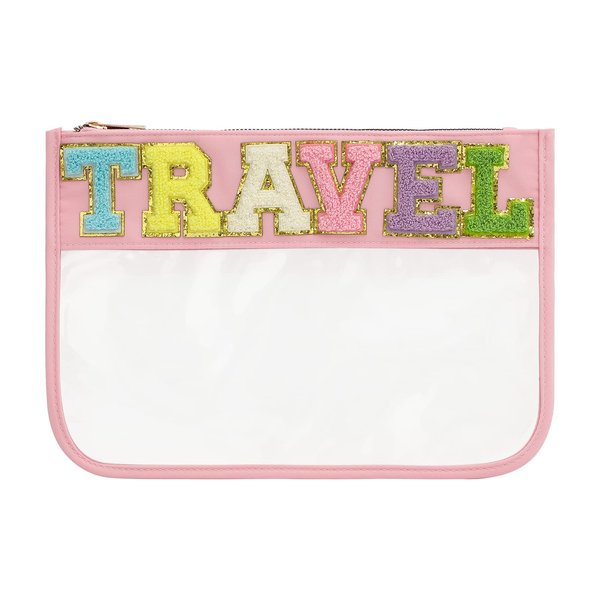 DYSHAYEN Chenille Letter Clear Zipper Pouch for Travel,Nylon Clear Cosmetic Bag,Makeup Travel Bag for Women (Pink-Travel)