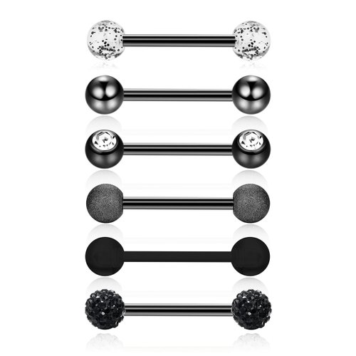 FINREZIO 14G 14-16mm Stainless Steel Nipple Tongue Ring Barbell Nipplerings Body Piercing Jewelry 12Pcs (14G Black tone, 14)