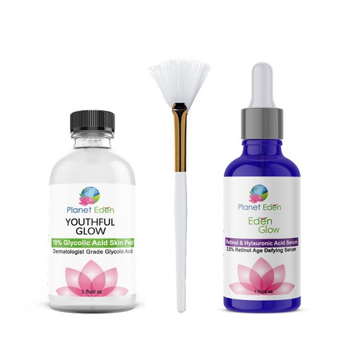 Planet Eden 70% Glycolic Acid Chemical Skin Peel Kit with Hyaluronic Acid + 2.5% Retinol Serum and Fan Brush