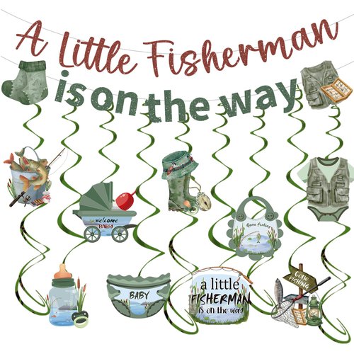 Luvsweets Fishing Baby Shower Decorations - 11 Pcs Gone Fishing Themed Boy Baby Shower Party Decorations A Little Fisherman Is on the Way Banner Hanging Swirls Ceiling Decor Baby Shower Party Supplies