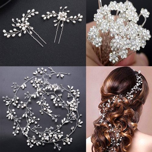 100cm / 39.3in Crystals Bridal Wedding Jewelry Hair Accessories for Women, 1 Pair of Crystal Rhinestone Hair Pins, 20 Pack Pearl Flower Crystal Hair Pins Clips,1 Pack Hair Headpiece Pearl