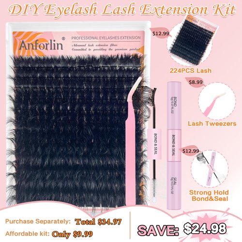 Fluffy Lash Clusters Kit 10-20mm Thick 200D Cluster Eyelash Extensions 224 Pcs D Curl Mega Volume Eyelash Clusters False Eyelashes with Lash Bond and Seal Lash Tweezers DIY at Home, by Anforlin