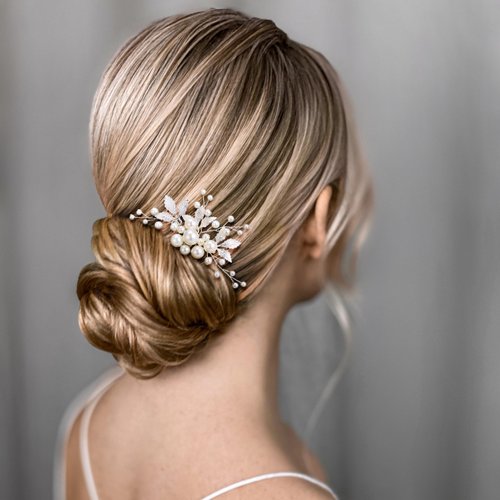 SWEETV Bridal Hair Comb Bendable Pearl Crystal Hair Accessory Leaf Hair Piece Vintage Wedding Hair Accessories for Brides Bridesmaids Women Girls