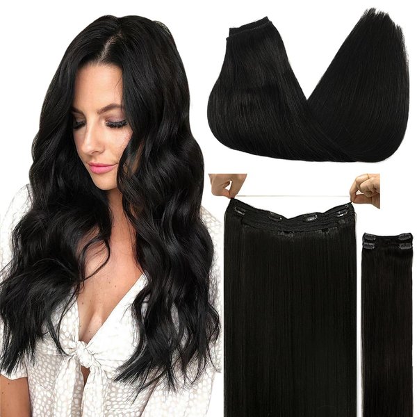 DOORES Human Hair Extensions Wire Hair, Natural Black 120g 22 Inch, Straight Hair Extensions Invisible Hairpiece Remy Wire Extensions Natural with Transparent Fish Line