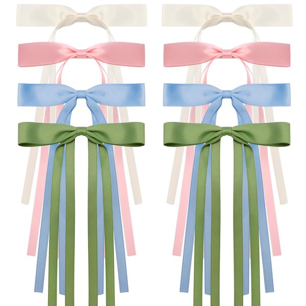 Atoden Hair Bows Hair Ribbon Tassel Bow Hair Clips 8 Pcs Coquette Bows Silky Satin Long Tail Bowknot Hair Clips Alligator Clips Cute Hair Accessories for Women Girls Beige Pink Blue Green