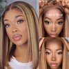 ISEE Wear and Go Glueless Wigs Human Hair Pre Plucked Pre Cut Ombre Highlight Bob Wig Human Hair for Women 180% Density 4x4 Straight Transparent Lace Front Wigs for Beginners 12 Inch