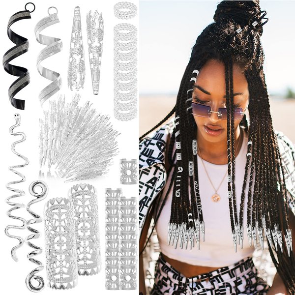 RechicGu 130 Pieces Locs Hair Jewelry for Women Goddess Dreadlocks Accessories kit Faux Locs Beads,Braids Hair Cuffs Decoration Charms (Spiral Silver)