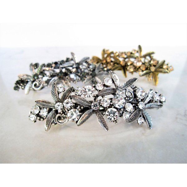 Generic Bronze gold or silver flower leaf crystal hair clip barrette bridal hair clip (Primary color: Silver/clear crystal)