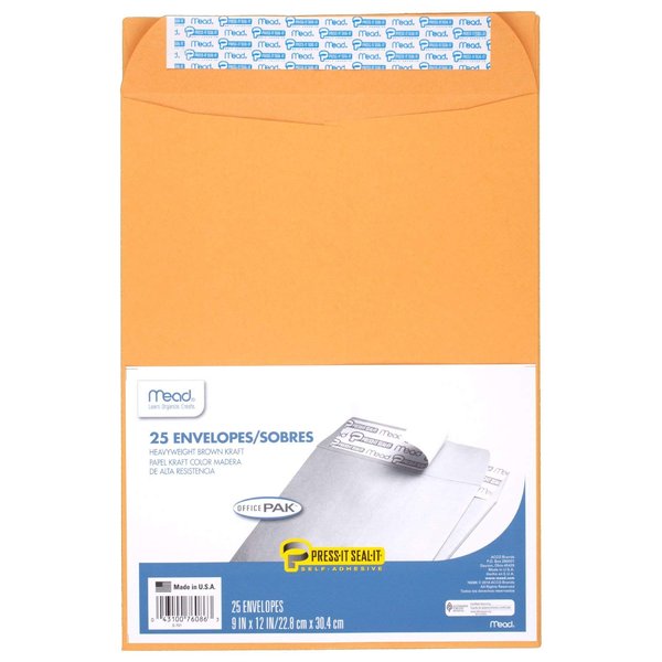 Mead Letter Size Mailing Envelopes, Press-It Seal-It Self Adhesive Closure, All-Purpose 24-lb Paper, 9" X 12", Brown Manila Kraft Envelope, 25 per Pack (76086)