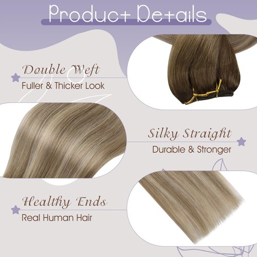 Full Shine Sew in Hair Extensions Real Human Hair Brown Ombre Light Brown Mix Blonde Weft Balayage Extensions Human Hair Full Head Sew in Bundle Ombre 105g 20inch