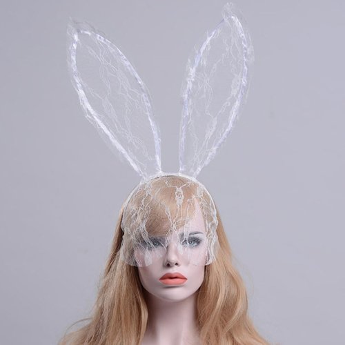 White Lace Bunny Ears Headband Women Ladies Rabbit Ear Lace Veil Mask Headbands Halloween Party Cosplay Hairband