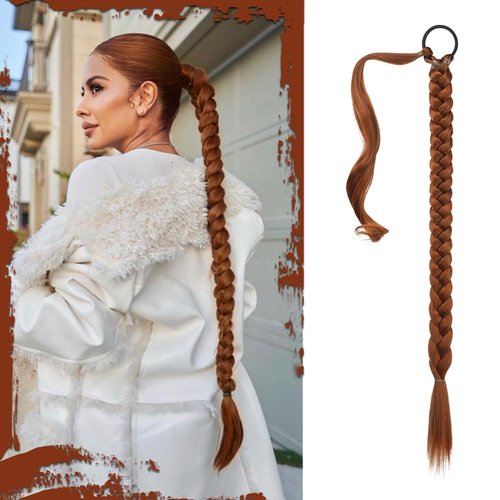 Sofeiyan Long Braid Ponytail Extension with Hair Tie Straight Sleek Wrap Around Hair Extensions Braid Pony Tail Fluffy Natural Soft Synthetic Hairpieces for Women Daily Wear, 26 inch-Copper Red