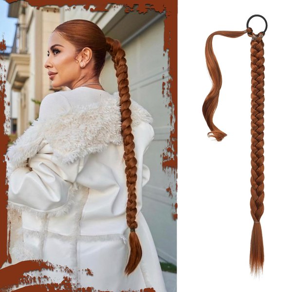 Sofeiyan Long Braid Ponytail Extension with Hair Tie Straight Sleek Wrap Around Hair Extensions Braid Pony Tail Fluffy Natural Soft Synthetic Hairpieces for Women Daily Wear, 26 inch-Copper Red