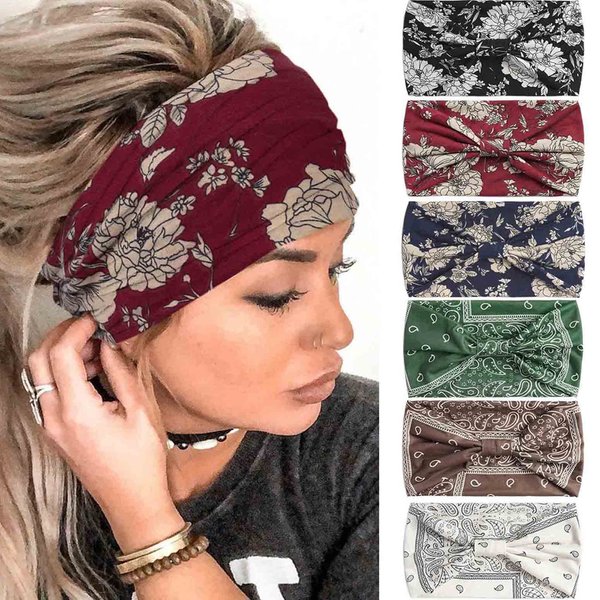 Olbye Boho Headbands Women Wide Knotted Hairbands Elastic Turban Head bands Nonslip Floral Headband Yoga Sports Sweatbands Workout Head Wraps Bandana Hair Scarfs Bohemian Hair Accessories 6Pcs (Boho)