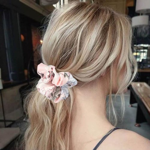 Jewemia Silk Satin Scrunchies for Women Floral Hair Scrunchie Elastic Hair Scrunchies for Thick Curly Hair Flower Printed Hair Ties Hair Accessories Gifts for Women and Girls 5 Pcs (5 Color)