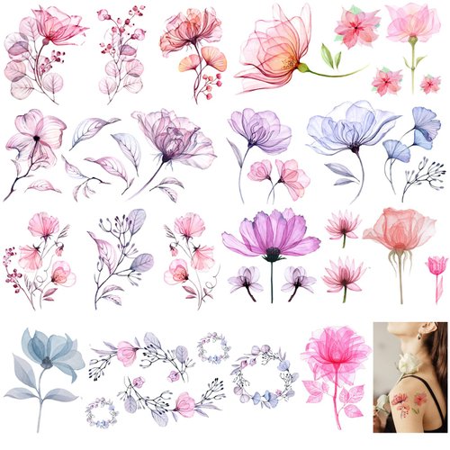 Casciybo Flower Temporary Tattoos for Women Girls, 10Sheets Fake Watercolor Rose Lily Tattoo Stickers Waterproof Art for Face Body Arm Kids Birthday Party Favors Makeup Supplies Gifts