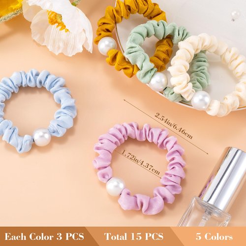 HINZIC 15Pcs Pearl Ice Silk Hair Scrunchies for Thick Hair Colorful Elastics Hair Tie Bracelets Stretchy Small Ponytail Holders for Women Girls Fine Hair