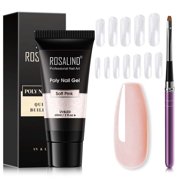 ROSALIND Pink Poly Nail Gel Kit 60ML Poly Extension Gel for Nails, Poly Builder Nail Gel Soft Pink Poly Colors Gel Strengthen Poly Nails Set with Brush and Poly Nail Gel Forms DIY at Home