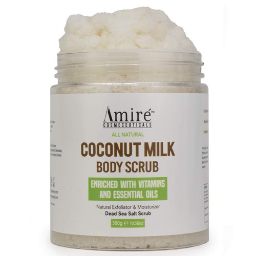 Amire Coconut Milk Scrub For Body And Face, 100% Pure Dead Sea Salt Exfoliating and Moisturizing Scrub For Cellulite Stretch Marks, Acne and Varicose Veins with Vitamin E, Shea Butter, Argan Oil, 300g
