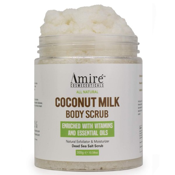 Amire Coconut Milk Scrub For Body And Face, 100% Pure Dead Sea Salt Exfoliating and Moisturizing Scrub For Cellulite Stretch Marks, Acne and Varicose Veins with Vitamin E, Shea Butter, Argan Oil, 300g