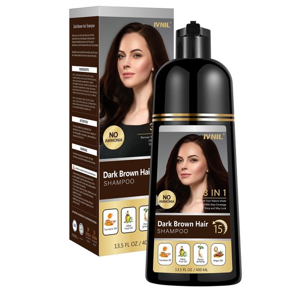Ivnil Dark Brown Hair Dye Shampoo for Gray Hair Coverage Herbal Hair Color Shampoo 3 in 1 Permanent Shampoo Para Canas Champu Con Tinte for Women and Men - Ammonia free, Instant Result - 400ML
