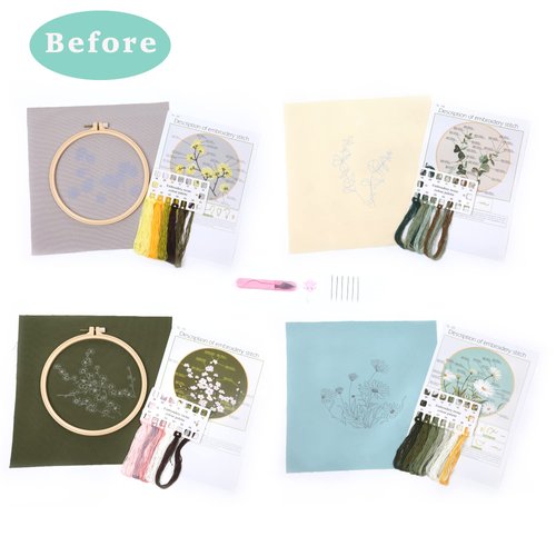 REEWISLY 4 pcs Embroidery kit for Beginners Patterns and Instructions, DIY Adult Beginner Cross Stitch Kits, Including 2 Plastic Embroidery Hoops, 1 Pair of Scissors, Colored Threads and Needles