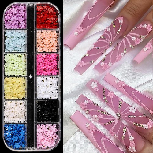 Flower Nail Charms for Nail Art, 12 Colors 3D Flowers for Nails, 3D Acrylic Flower Nail Art Rhinestones for Acrylic Nails, White Pink Cheery Blossom Nail Art Supplies Floral Nail Gems for Women