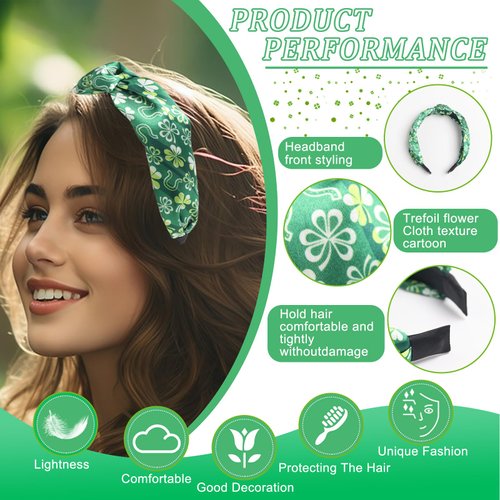 Totelux St Patricks Day Headband for Women Shamrock Knotted Headband Wide Hair Band Green Clover Hair Accessories Irish Festive Costume Celebration Parade Party Supplies