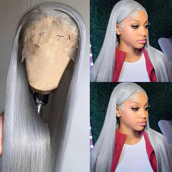 Smartinnov Grey Lace Front Wigs Human Hair 20Inch for Women Silver Human Hair Wigs Straight Pre Plucked 150% Density 13×4 HD Transparent Lace Frontal Wig Glueless Grey Lace Front Wigs for Women