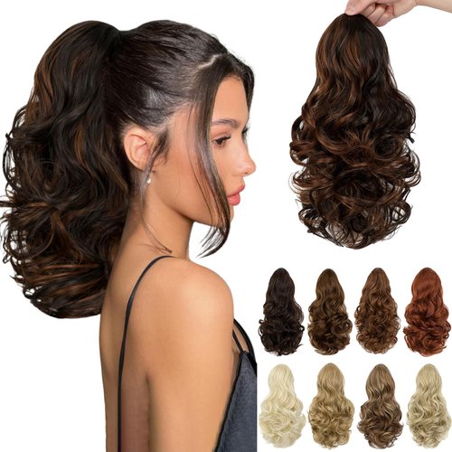 Leterly Ponytail Extension,15" Drawstring Ponytail Hair Extensions Short Wavy Pony Tail Natural Curly Soft Synthetic Hairpiece for Women Dark Brown Mix Light Auburn