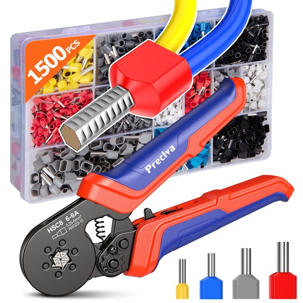 Ferrule Crimping Tool Kit with 1500PCS Wire Connectors, Preciva Upgrade Double & Single Hexagonal AWG23-10 Sawtooth Self-Adjustable Ratchet Wire Terminals Crimper Kit