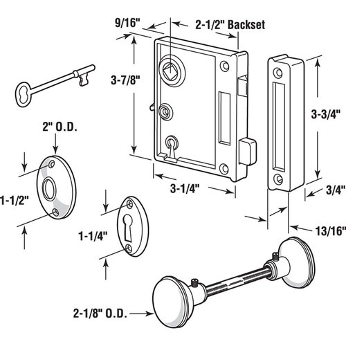 Prime-Line E 2437 Vertical Trim Vintage Lock Set – Cast Steel, Brass Plated Knobs, Antique Skeleton Key Lock System – 2-1/2” Backset, Surface Mounted, Right-Hand Swing-In Interior Doors (Single Pack)