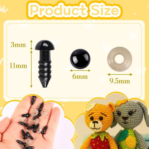 UPINS 600 Pieces 6MM Safety Eyes with Washers Black Plastic Safety Eyes for Amigurumi Doll Crochet Eyes for DIY Crafts Stuffed Animals Making Supplies