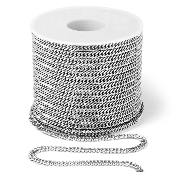 33 Feet Stainless Steel Double Cuban Link Chain Roll, 2.88mm Width 304 Stainless Steel Curb Chains Spool Bulk for Jewelry Making Chain