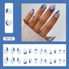 24 Pcs Blue Press on Nails Short, Oval Shape Fake Nails Almond Glossy Full Cover Reusable False Nails French Stripe Wave Artificial Acrylic Nails Women Glue on Nails Manicure Stick on Nails for Set