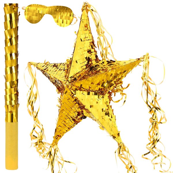 Foil Star Piñata with Blindfold and Bat for Kids Birthday Foldable Star Shape Piñata with Piñata Stick Gold Festive Star Piñata Foil Star Fiesta Party Supplies Favors for Mexican Baby Shower Party