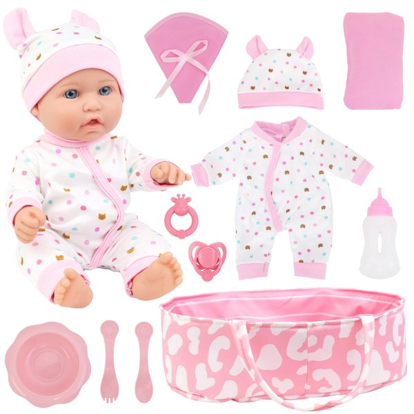 ZITA ELEMENT 12 Inch Baby Doll with Accessories for Baby Doll Reborn Includes Carrier Bassinet Bed, Pacifier, Blanket, Pillow, Feeding Set, New Born Baby Doll Playset for Toddlers 3 Ages and Up