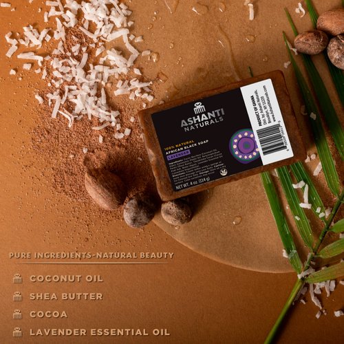 Ashanti Naturals African Black Soap Bar | Scented Natural Black Soap with Raw Shea Butter and Coconut Oil - 2pk 4oz Bars (Lavendar)