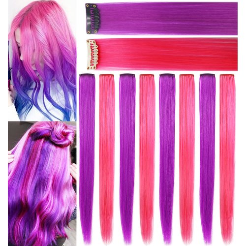 SARARHY Pink and Purple Wig Pieces for Teens Straight Clip in Colored Hair Extensions for Girl (Purple Pink)