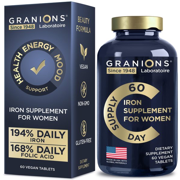 Vegan Iron Supplements for Women - Womens Iron Supplement for Pregnancy and Anemia Folic Acid Prenatal Vitamins - 194% Daily Iron Ferrous Sulfate, 168% Folate Folic Acid - 60 Iron Pills for Women