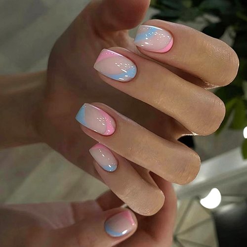 Square Press on Nails Medium Length Fake Nails Blue Pink Irregular Stripe False Nails Design Glossy Full Cover Stick on Nails Natural Glue on Nails Reusable Acrylic Artificial Nails for Women