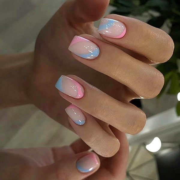 Square Press on Nails Medium Length Fake Nails Blue Pink Irregular Stripe False Nails Design Glossy Full Cover Stick on Nails Natural Glue on Nails Reusable Acrylic Artificial Nails for Women